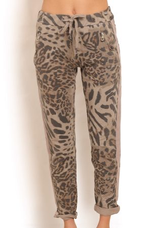 Bløde bukser i mørk beige leopard style 7610
