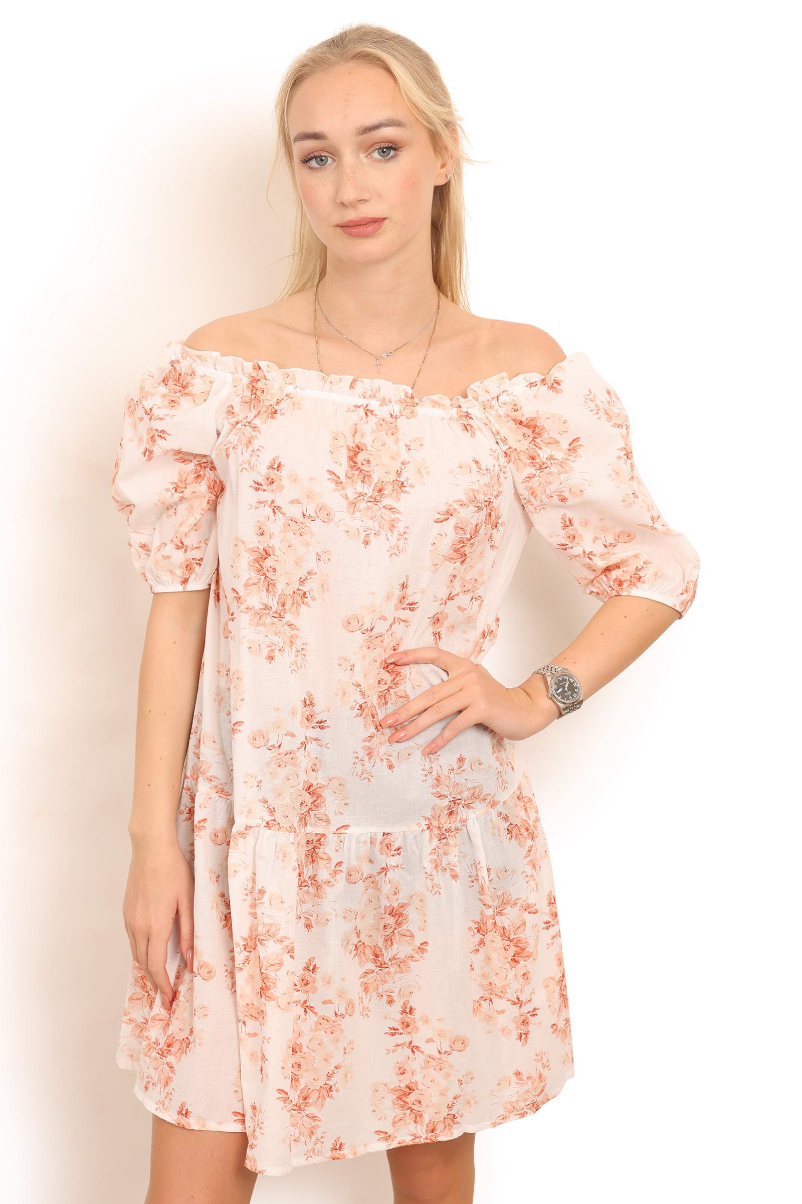 Kort kjole i hvid med orange blomsterprint style 1835
