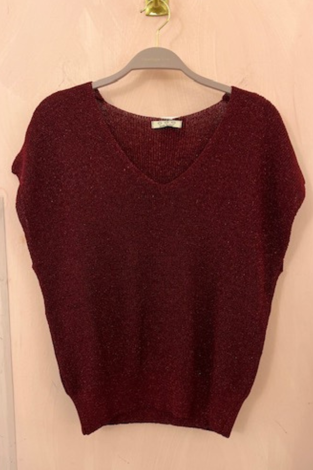 Strikket top med V-hals – Vinrød glitter Style 2442-L
